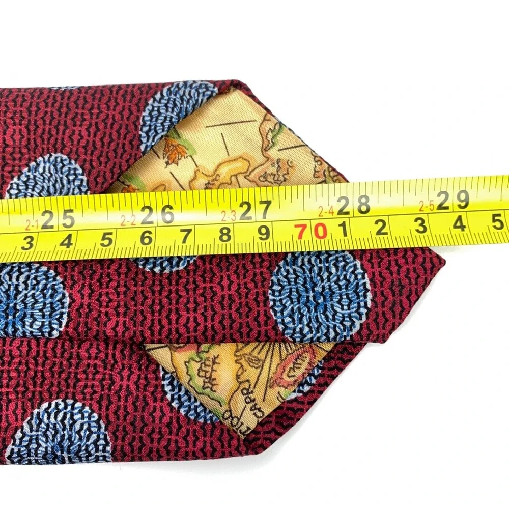 Bruno Piattelli Tie Purse Silk Burgundy Red Blue Circles Map Pin up Necktie